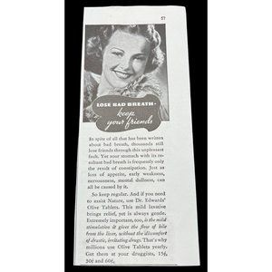 Dr Edwards Laxative Olive Tablets 1938 Vintage Print Ad Lose Bad Breath